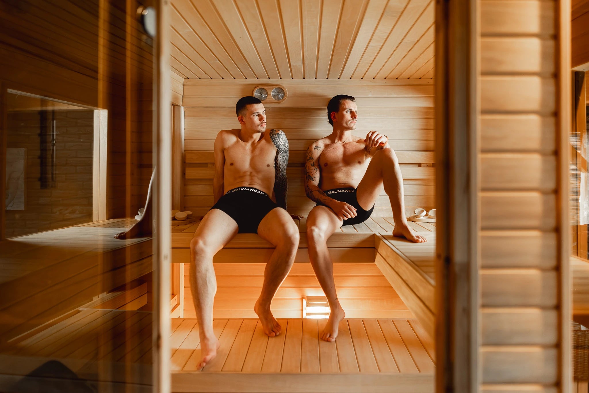 Two men sitting in a wooden sauna